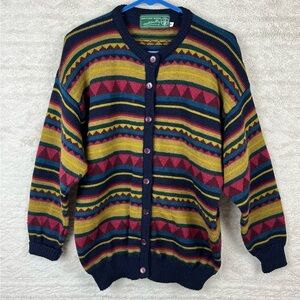 Vintage BRITISH WOOL NATURALLY Striped Button Cardigan Fair Isle Large